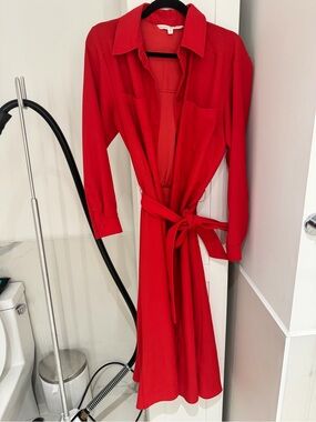 Veronica Beard Red Long-Sleeve Shirt Dress with Waist Tie